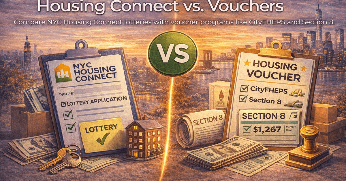 Housing Connect vs. Vouchers | NYC Affordable Housing Options 2026 - Comprehensive guide to NYC Housing Lottery with visual infographic showing key information, timelines, and strategies