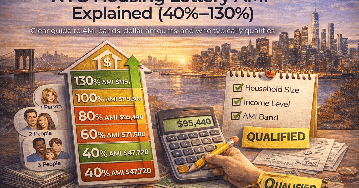 NYC Housing Lottery AMI Explained: 40, 50, 60, 80, 130 - Comprehensive guide to NYC Housing Lottery with visual infographic showing key information, timelines, and strategies