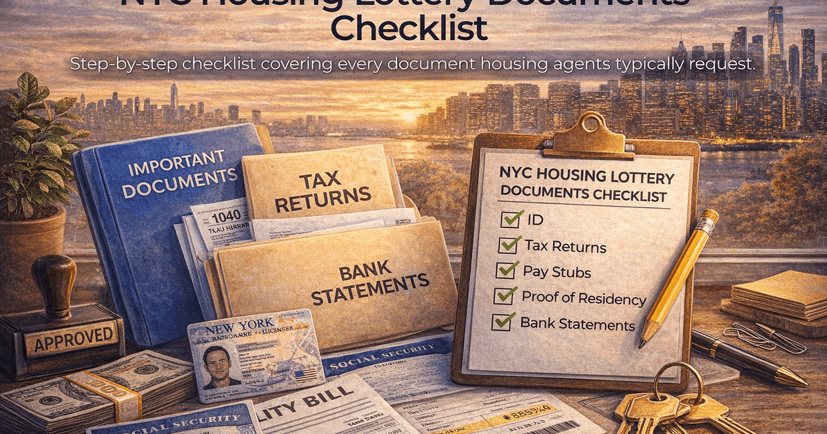 NYC Housing Lottery Documents Checklist - Comprehensive guide to NYC Housing Lottery with visual infographic showing key information, timelines, and strategies